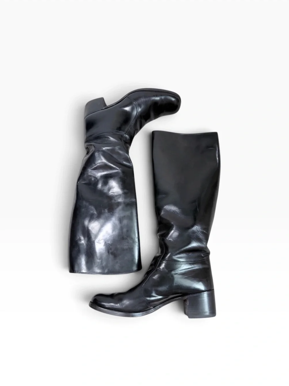 Black Leather Knee-High Block Heel Go-Go Riding Boots - 10B